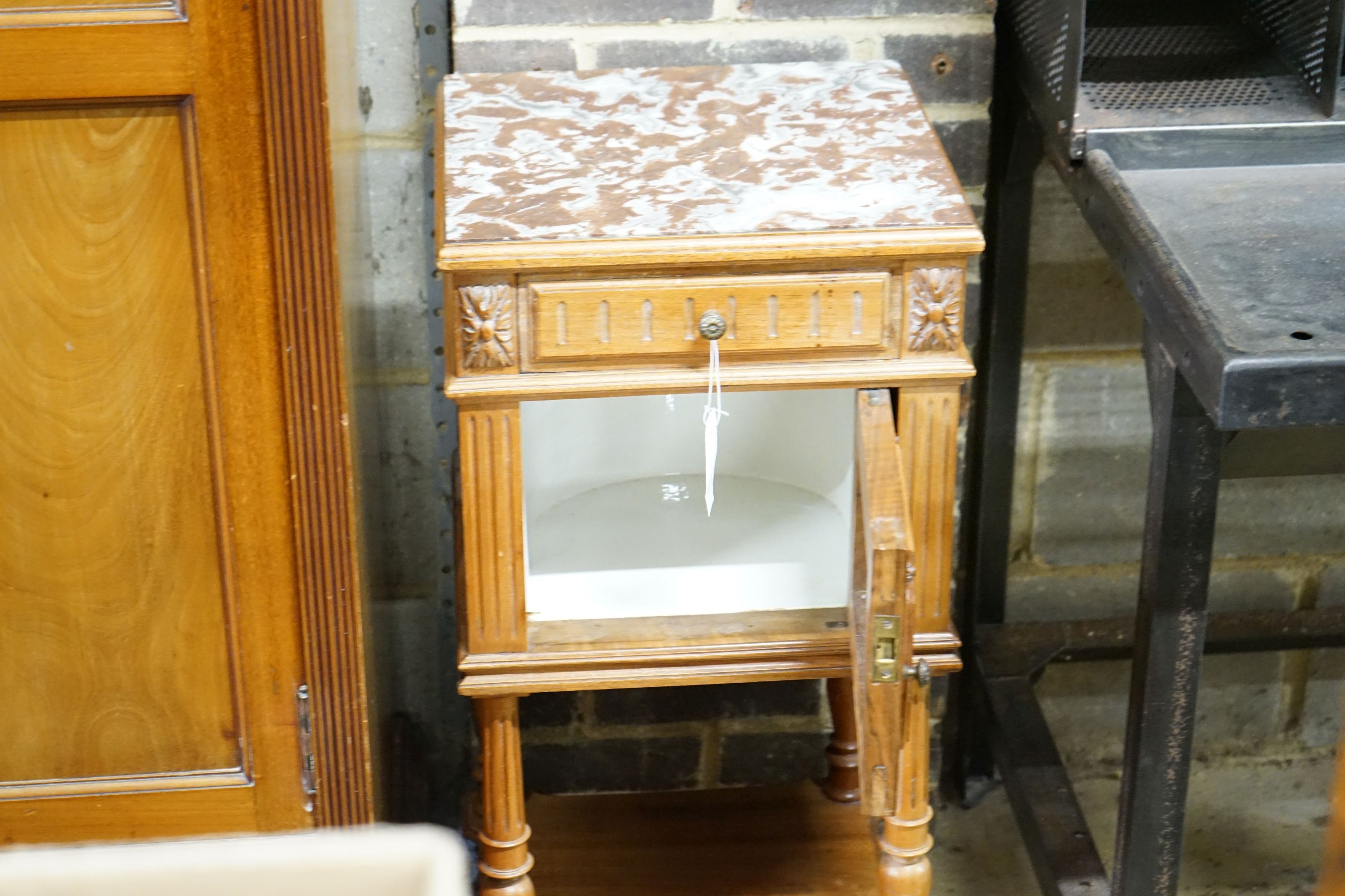 An early 20th century French walnut marble top bedside cabinet, width 38cm, depth 36cm, height 82cm